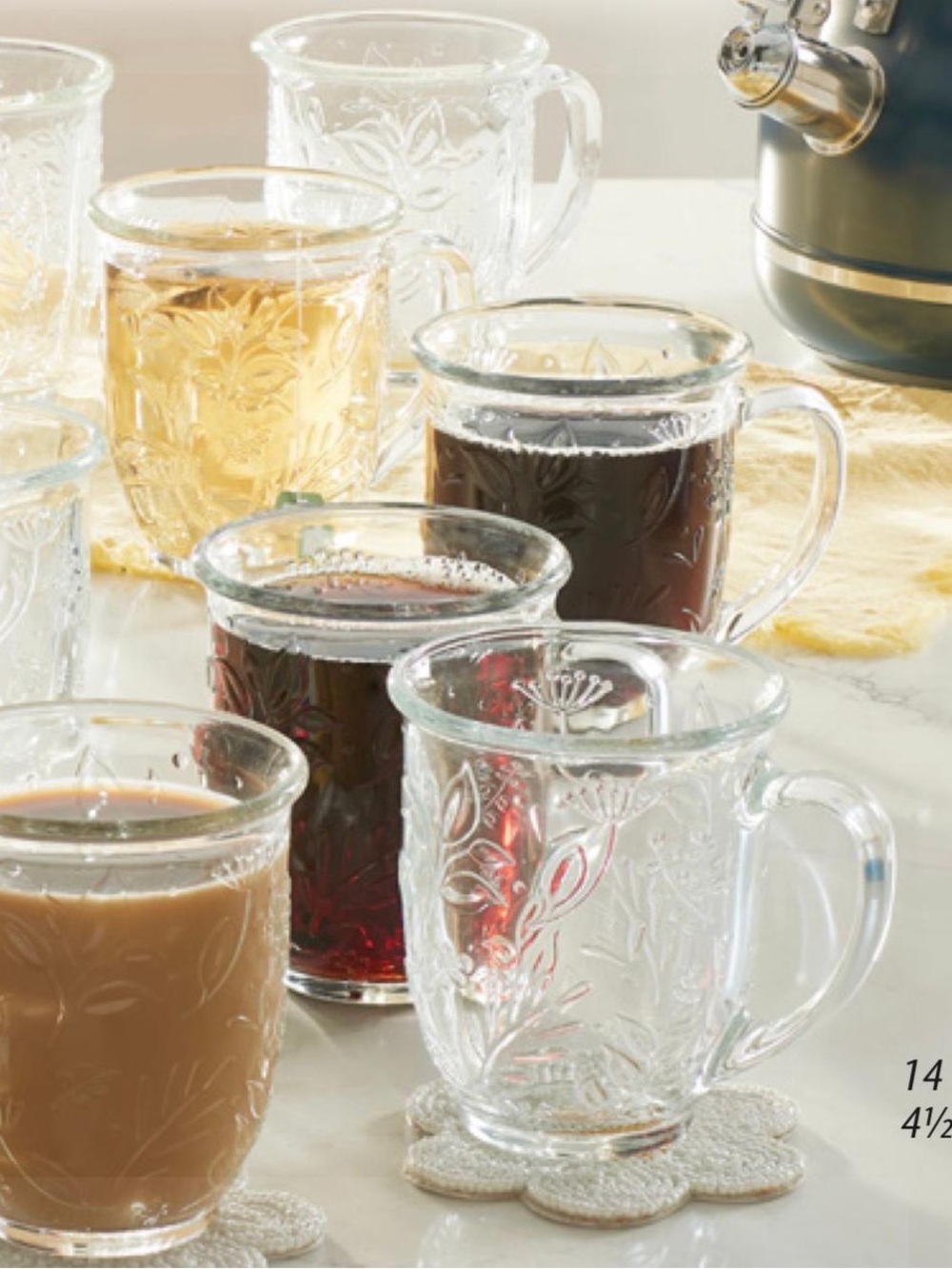 Princess House Clear Embossed Glass Mugs with Floral Design - Set of 4